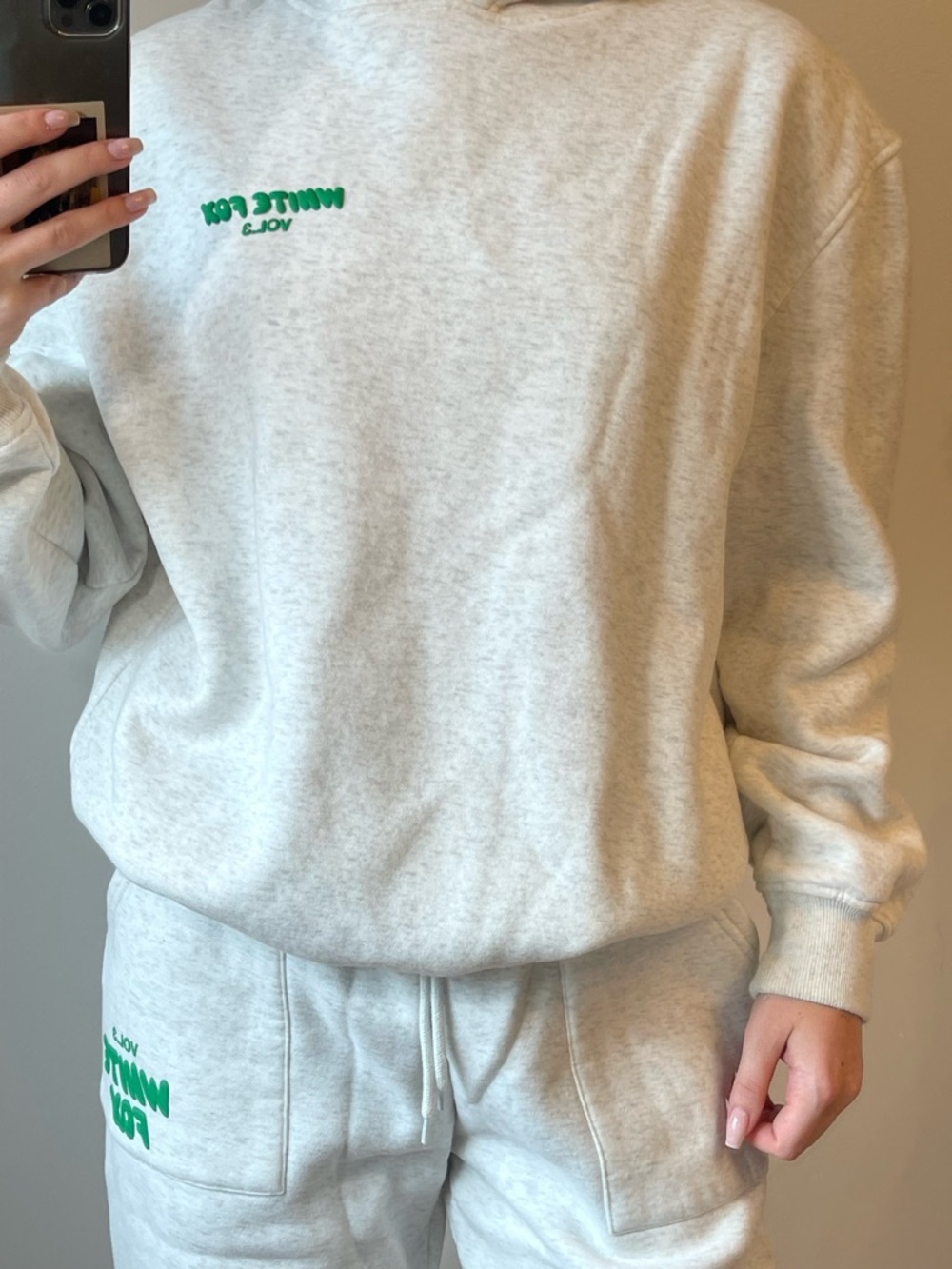 White Fox Boutique Cream Crewneck Sweatshirt with Green Logo